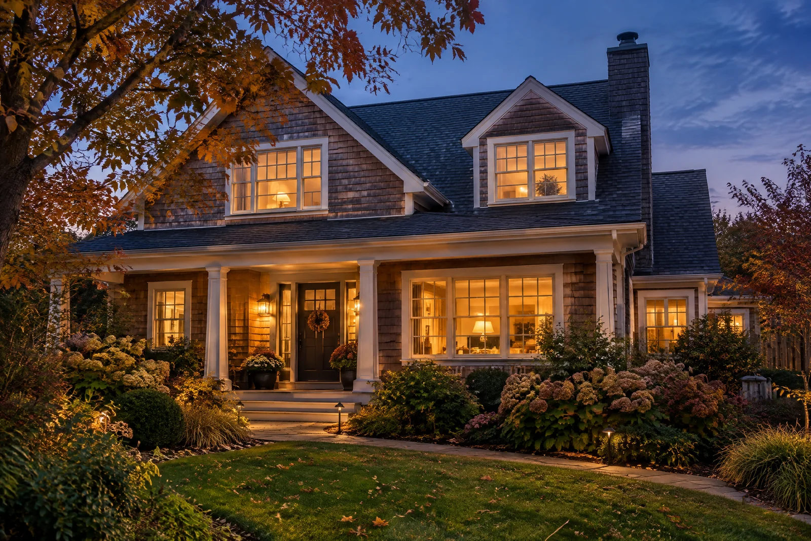 Illustrative cedar-shingle home with warmly lit windows on an autumn evening