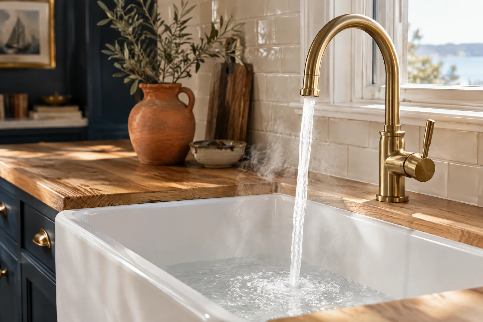 Illustrative brass kitchen faucet running hot water into a white farmhouse sink