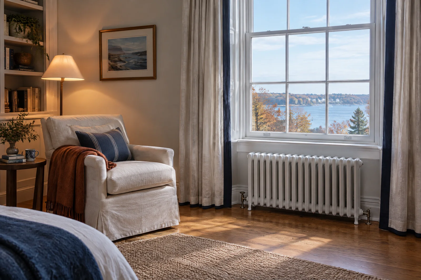 Illustrative reading corner with a white radiator beneath a sash window